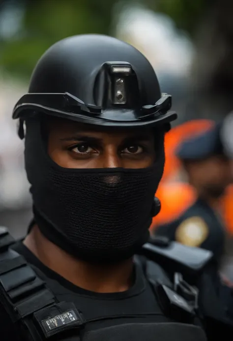 Policial do Bope rio de janeiro vestido com colete preto e rosto carioca e balaclava cobrindo todo o rosto apenas os olhos de fora, pele branca. realista e retrato