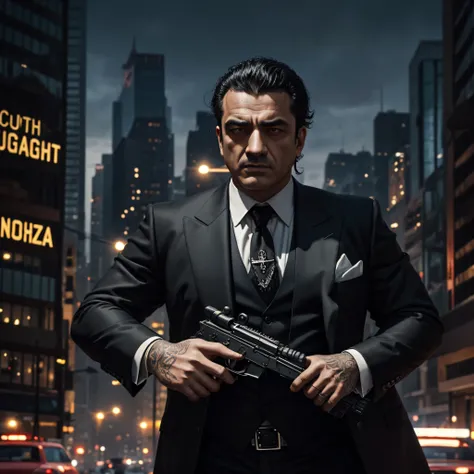 mobster gangster with black three-piece suit and uzi, gangster, mafia, city backdrop, realistic, stylish, intricate details, hyperdetailed, cinematic, rim light,