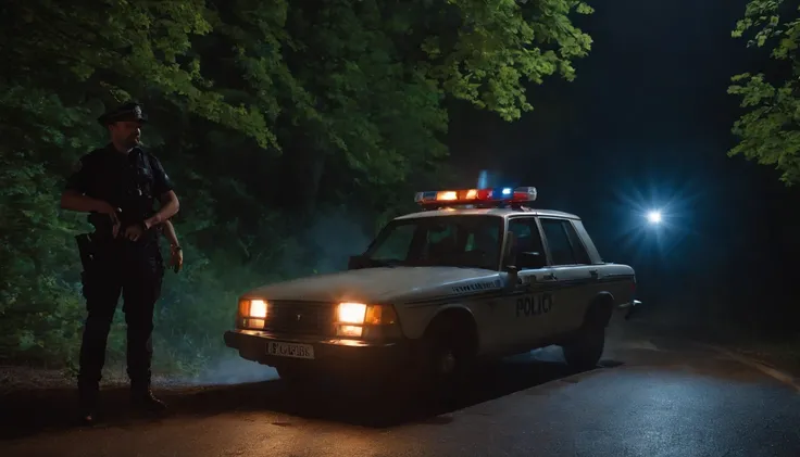 Two French police officers in the dark night, lost in the middle of a road in the woods at night, the police vehicle has barbed wire on its rear tires, has sirens on in the night, in the style of horror movies by director Guillermo del Toro, photorealistic...