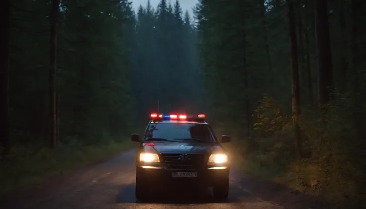 Two French police officers in the dark night, lost in the middle of a road in the woods at night, the police vehicle has barbed wire on its rear tires, has sirens on in the night, in the style of horror movies by director Guillermo del Toro, photorealistic...