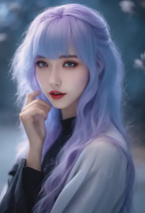 High Definition Animation、Light blue hair、Hair length above the shoulders、Bangs slightly below the eyebrows、The color of the eyes is purple