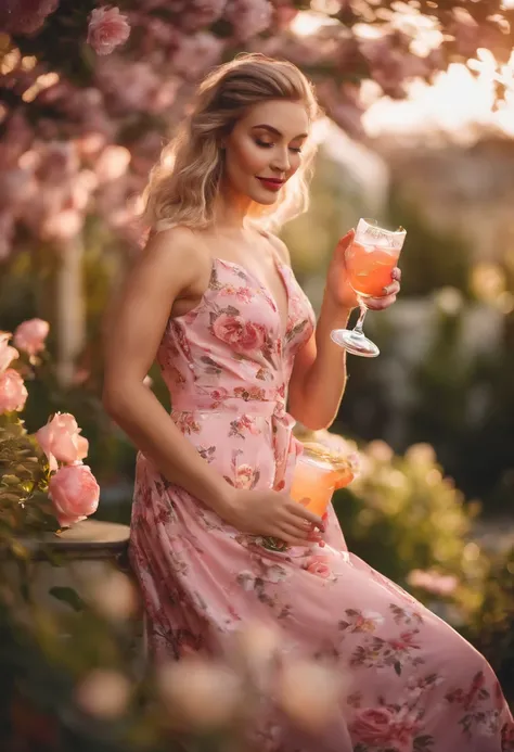 Pixar style image with 3D woman in a floral dress holding a drink and smiling, gorgeous lady, wearing pink floral gown, dressed in a flower dress, holding a drink, full body potrait holding bottle, with a drink, stunning woman, mid shot portrait, brandon w...