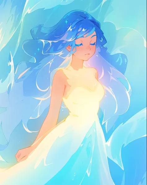 beautiful girl, glowing white and blue gradient ballgown, sparkling swirling water background, long flowing hair, beautiful girl with glowing skin, glowing water background, watercolor illustration, disney art style, glowing aura around her, flowing glowin...