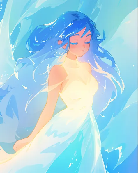 beautiful girl, glowing white and blue gradient ballgown, sparkling swirling water background, long flowing hair, beautiful girl with glowing skin, glowing water background, watercolor illustration, disney art style, glowing aura around her, flowing glowin...