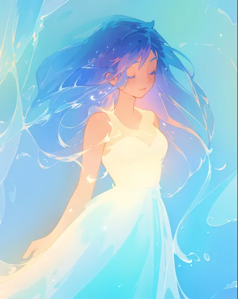 beautiful girl, glowing white and blue gradient ballgown, sparkling swirling water background, long flowing hair, beautiful girl with glowing skin, glowing water background, watercolor illustration, disney art style, glowing aura around her, flowing glowin...