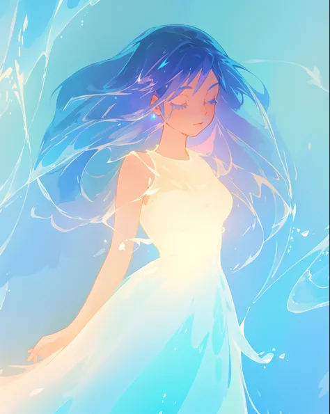 beautiful girl, glowing white and blue gradient ballgown, sparkling swirling water background, long flowing hair, beautiful girl with glowing skin, glowing water background, watercolor illustration, disney art style, glowing aura around her, flowing glowin...