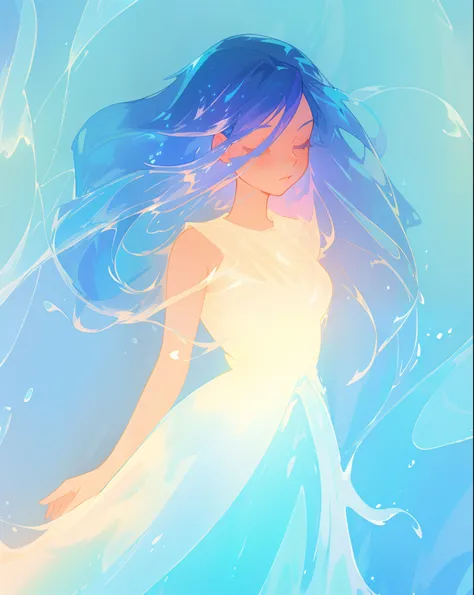 beautiful girl, glowing white and blue gradient ballgown, sparkling swirling water background, long flowing hair, beautiful girl with glowing skin, glowing water background, watercolor illustration, disney art style, glowing aura around her, flowing glowin...