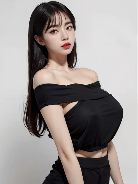 girl with, bangss, off shoulders, Black pants, breastsout, Breasts squeezed together, White background, hair between eye, huge-breasted, length hair, Look at viewers, Underpants, cparted lips, red eyes, The shirt, simple background, 独奏, doress, white  hair...