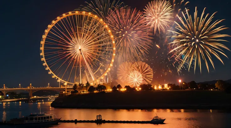 he Ferris wheel，fire works，lamplight，Long-range view