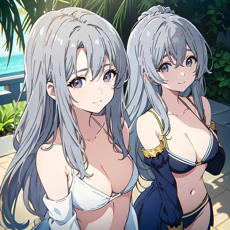 1girll, (Ulzzang-6500:0.7), Kpop idol, Bikini, Detached sleeves, Bare shoulders, Gray hair， Long hair, Bikini, Best quality,  (hair adornments:1.35), , Breasts,Detailed face, Face focus, Harnes(view the viewer:1.25), Shiny skin, Smile， Bikini，Gray hair