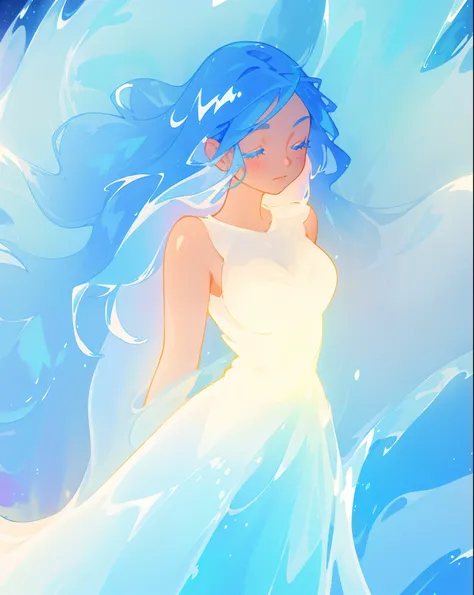 beautiful girl, glowing white and blue gradient ballgown, sparkling swirling water background, liquid streams of light surrounding her, long flowing hair, beautiful girl with glowing skin, glowing water background, watercolor illustration, disney art style...