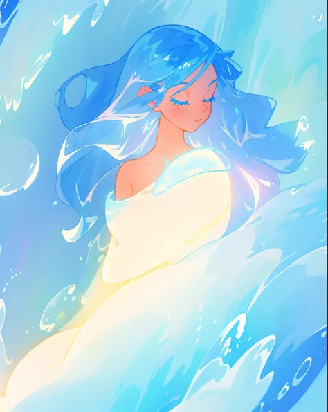 beautiful girl, glowing white and blue gradient ballgown, sparkling swirling water background, liquid streams of light surrounding her, long flowing hair, beautiful girl with glowing skin, glowing water background, watercolor illustration, disney art style...