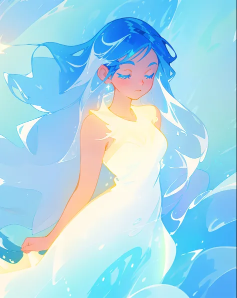 beautiful girl, glowing white and blue gradient ballgown, sparkling swirling water background, liquid streams of light surrounding her, long flowing hair, beautiful girl with glowing skin, glowing water background, watercolor illustration, disney art style...