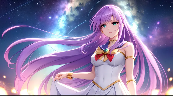 Athena with plain long light purple hair,hair between eyes,green eyes,rosy cheeks,full lips,thin eyebrows,slender body,wearing sailor moon uniform and full long skirt,cute anime girl,full body,night sky nebulae in background,anime style,extremely deep dept...