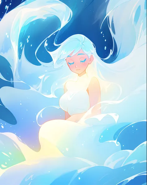 beautiful girl, glowing white and blue gradient ballgown, sparkling swirling water background, liquid streams of light surrounding her, long flowing hair, beautiful girl with glowing skin, glowing water background, watercolor illustration, disney art style...