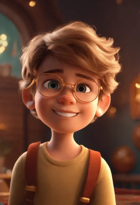 Image of a boy for a story in a YouTube video in Pixar format, Hes the little allabester, Hes the class leader, Hes outgoing, Playful and gets up for a lot of things, cabelo curto e liso, gold cord, Clear Ray Ban Glasses.