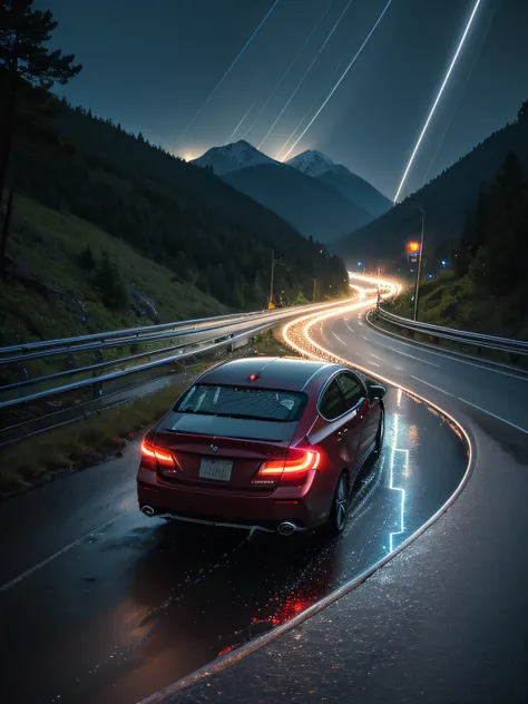 Rainy night, (light trail photography:1.5), (car taillights), (tail light line art), winding mountain road, A large amount of rainwater on the road surface, camera in manual mode, ND16 filter, F/8, ISO100, 150 seconds long exposure, complex, (Masterpiece),...