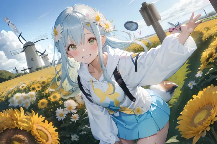 Fluffy light blue hair,Bangs center parting,pale yellow-green eyes,Pink and white and yellow and orange,Long-sleeved clothing with slightly longer sleeves,Larger hoodie,wearing skirt,Full of chrysanthemum flowers,You can see the windmill beyond the vast fl...