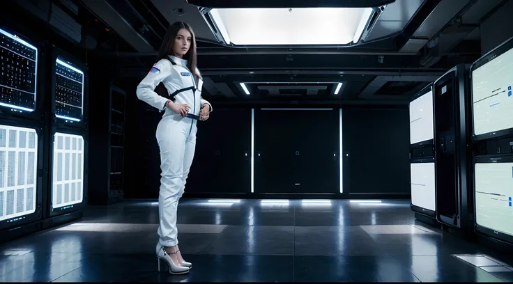 (masterpiece), 1person, beautiful white female, wearing sexy spacesuit and high heels, spacecraft server room, computers, vivid colors, flashing lights,