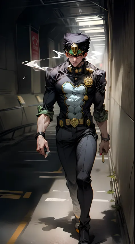 Descreva Jotaro Kujo caminhando cabisbaixo com uma sombra desacada em seu rosto, while holding a cigarette in his mouth and walking through a tunnel