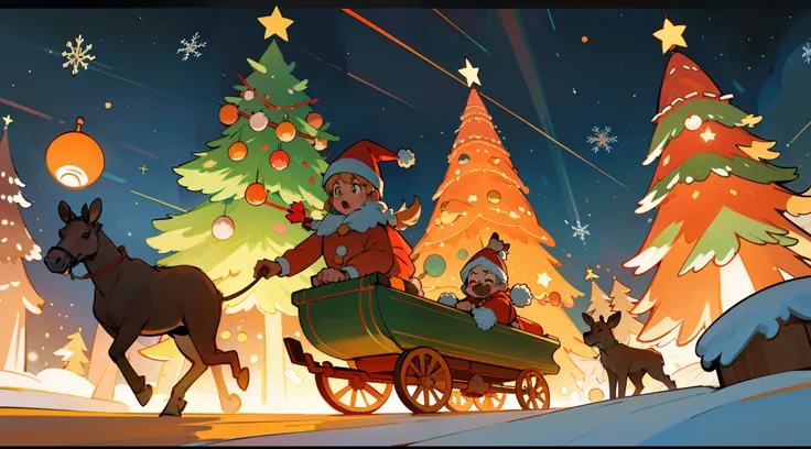 best qualtiy，16k，8K，True exposure，Ray traching，Astonishing image quality，Christmas poster，Christmas atmosphere，An ornate and intricate Christmas tree，pompon（Dynamic trajectories），Orange bells，moose，sled，Luminous colored light bar，Sub-reflective material，Ty...