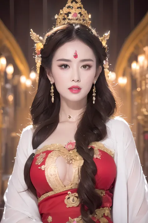 High quality 8K volume, (Photorealistic stick: 1.2), sharp focus, beautiful saint, 1girl, full body shot, beautiful face, detailed face, perfect proportions, (real skin, skin unevenness), portrait of saint, Big breasts, thin waist, navel, crotch gap, thigh...
