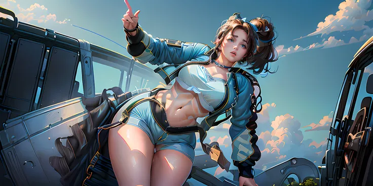 (best quality, masterpiece, best_quality, ultra-detailed, best anatomy, immaculate:1.3), (milf:1.28), (1girl), alluring face, navel, thick thighs, wide hips, brown ponytail, short hair, curvy, huge ass, (sky blue cropped jacket:1.5), (neckline), sky blue j...