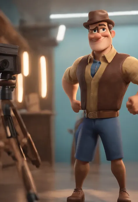 Personagem de desenho animado de um fotografo segurando a camera, usando uma camisa azul, um personagem animado, cabelo grisalho,Caractere estilizado, animation style rendering, 3D estilizado, Arnold Maya render, 3 d render stylized, toon render keyshot, P...