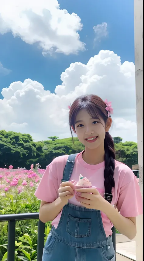 masutepiece,Best Quality, 1girl in,Solo,Hal Ulala,Overall shorts,flower-shaped pupils,Lori,PINK SHIRT,holding ice cream,(Horse tail:0.6),Smile,Open mouth,cloudy,