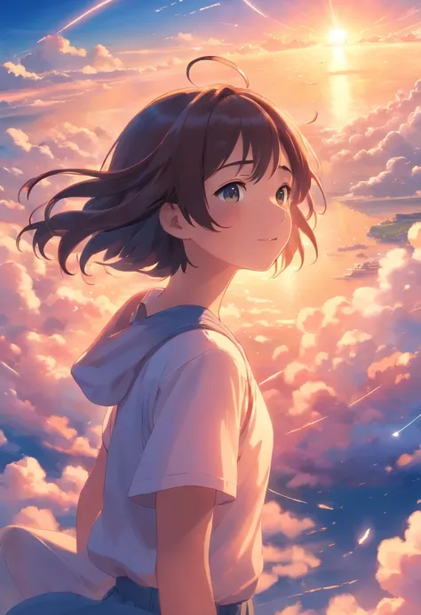 masterpiece, best quality, movie still, 1girl, cloud girl, floating in the sky, close-up, bright, happy, warm soft lighting, sunset, (sparks:0.7)