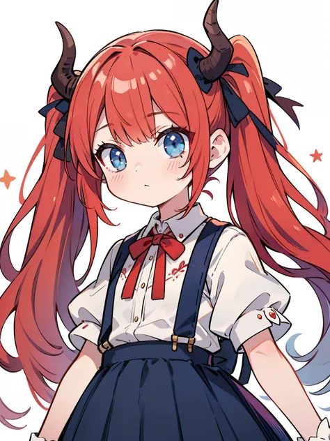 {{best quality}}, {{masterpiece}}, {{ultra-detailed}}, {illustration}, {detailed light}, red hair,blue eyes,twintails,lolita,Suspenders skirt,Fantastic,loli,solo,Dragon horns,little girl,long hair