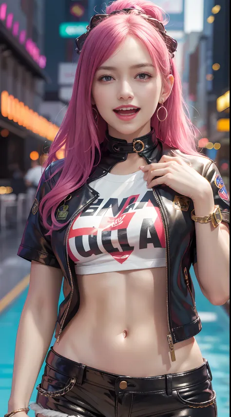 8k, Best Quality, (Beauty), High Definition, Realistic, Real Person, Jackpot at Slot Machine, Guts Pose, Smiling, Screaming, One Young Pretty Girl, Glossy Enamel Shorts, T-shirt Short Enough to Make Your Stomach, Short Leather Jacket, (Wearing a lot of fan...