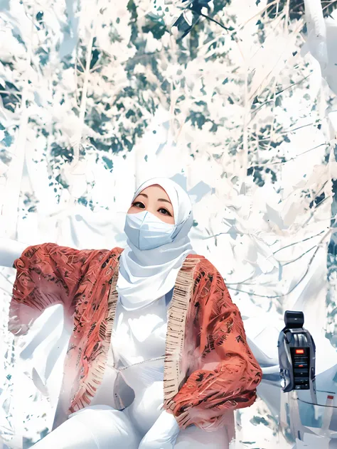 attractive woman [20|30] years old, smiling, holding microphone,hijab,mask white,