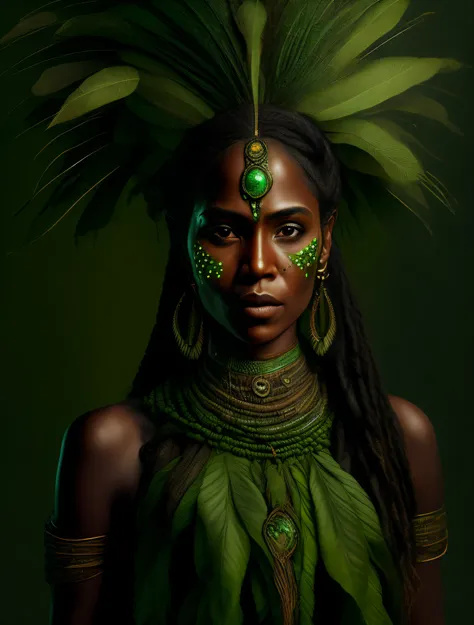 Cabocla Jacira, black Indian woman, tup-guarani mestizo, wearing an ade of green and brown feathers, detailed, intricate, umbanda entity, courageous, warrior, penetrating gaze, cosmic goddess, astrophotography