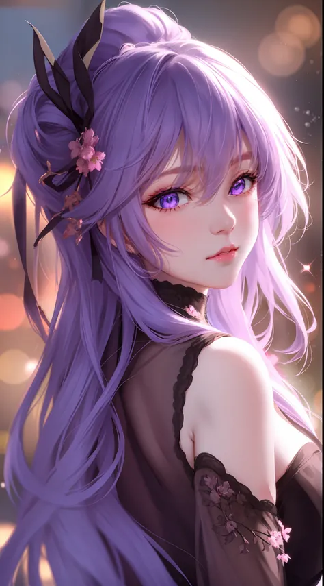 anime girl with purple hair and black top with flowers in her hair, anime style 4 k, beautiful anime portrait, artwork in the st...