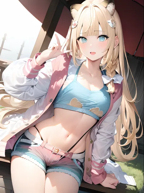 masterpiece, best quality, irohacasual, long hair, blunt bangs, pink jacket, cropped top,shorts