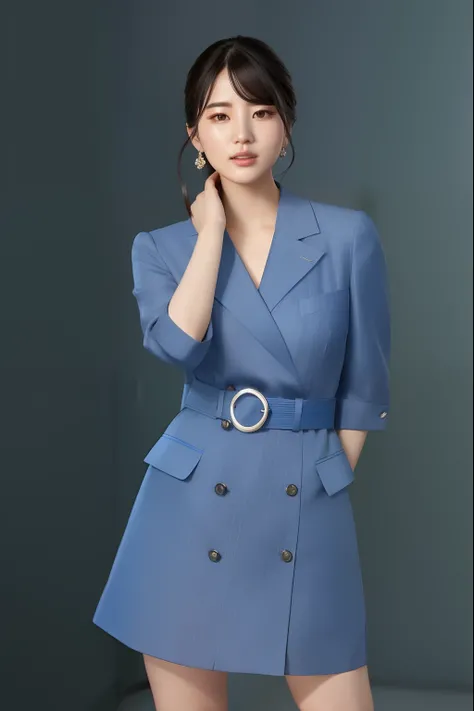 a woman wearing a blue dress and a belted jacket, bae suzy, wearing a blue qipao dress, in a blue qipao, full-body xianxia, insp...