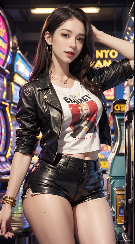 8k, Top Quality, (Beauty), High Definition, Realistic, Real Person, Jackpot at Slot Machine, Guts Pose, Smiling, Screaming, One Young Pretty Girl, Shiny Enamel Shorts, T-shirt So Short That Makes You Hungry, Short Leather Jacket, (Wearing a lot of fancy ac...