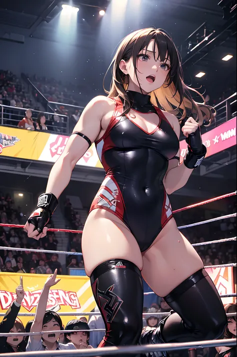 masuter piece、top-quality、8K、Impresionismo、Photorealsitic、Womens Pro Wrestling、dynamicposes、dazzling lights、professional wrestling、An enthusiastic crowd is watching、dynamicposes、Powerful composition、Fighting、drop kick