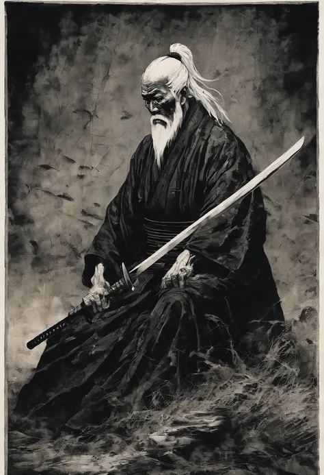 Historical, a old man, Samurai,battered,of a shirtless, Japanese Katana Sword, Long white hair, Long white beard，samurais,Grandpa, Burst，Knelt，Seppuku kills yourself