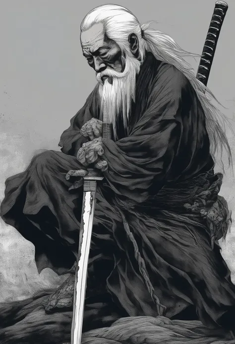 Historical, a old man, Samurai,battered,of a shirtless, Japanese Katana Sword, Long white hair, Long white beard，samurais,Grandpa, Burst，Knelt，Seppuku kills yourself