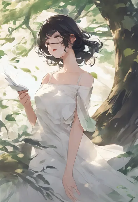 20 years,ultra-detailliert,Short-haired beauty with black hair, Playfulness and charm. White simple dress, Fluttering fabric that flutters in the breeze. Color is soft pastel, Reminiscent of the greenery of the trees blooming around it.  The skirt is plump...