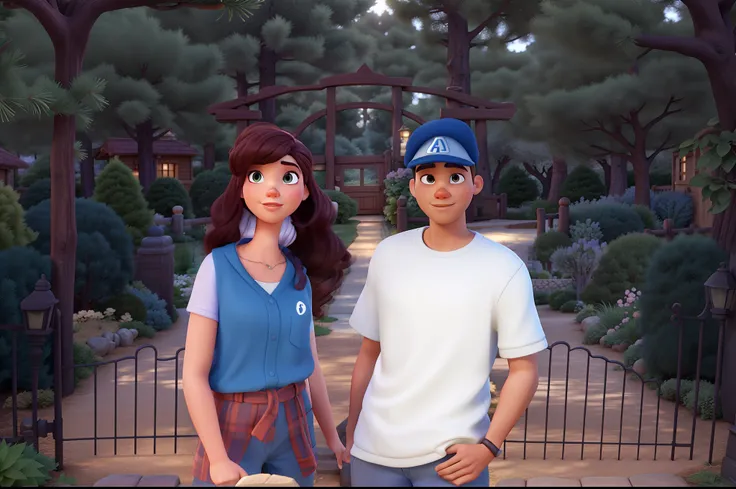 Pixar style of light-skinned woman and light-skinned man with cap in a garden of a house, Behind both there is a pine tree and behind the pine tree there is a gate that closes the house, Behind the gate there is the sidewalk and the street