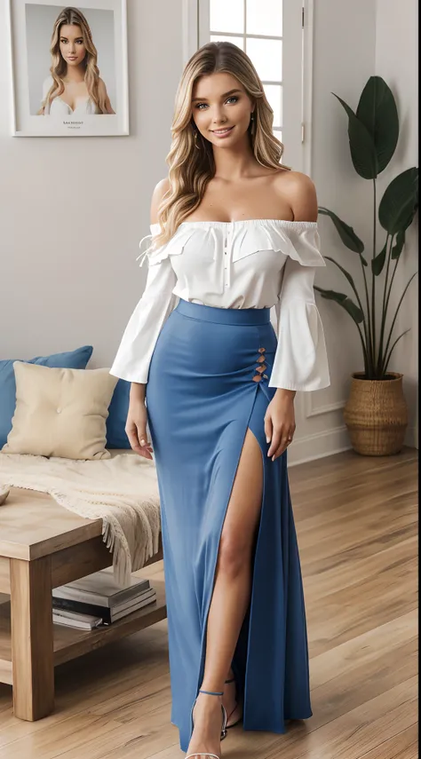 Foto hiperrealista en primer plano de Emily Sears , masterpiece, best quality, (photorealistic:1.4), full body, (white off-the-shoulder blouse:1.2), (blue pencil maxi maxi skirt:1.1), bare arms, heels, living room, wooden floor, cinematic light, beautiful ...