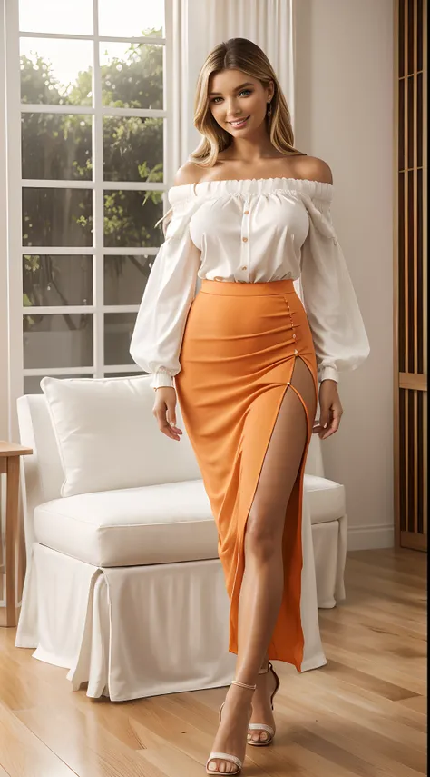 Foto hiperrealista en primer plano de Emily Sears , masterpiece, best quality, (photorealistic:1.4), full body, (white off-the-shoulder blouse:1.2), (orange pencil maxi maxi skirt:1.1), bare arms, heels, living room, wooden floor, cinematic light, beautifu...