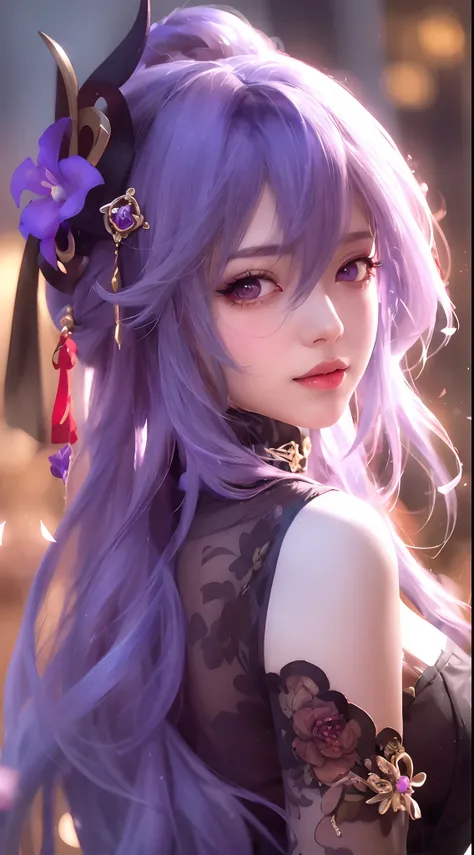 Anime girl with purple hair and black top with flowers in her hair, anime style 4 k, Beautiful Anime Portrait, artwork in the style of guweiz, guweiz, Anime style. 8K, Beautiful anime girl, Portrait Anime Girl, Stunning anime face portrait, 8k artgerm boke...