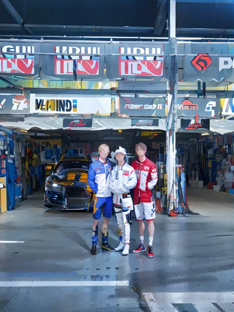 three men standing in front of a racing car in a garage, rob and hildebrandt, by Warren Mahy, by Bernie D’Andrea, trio, 2 0 2 2 photo, celebrity, at racer track, zac retz, kyle mclaughlin, myself, kid a, photo taken with provia, by Ben Thompson, by Lisa Mi...