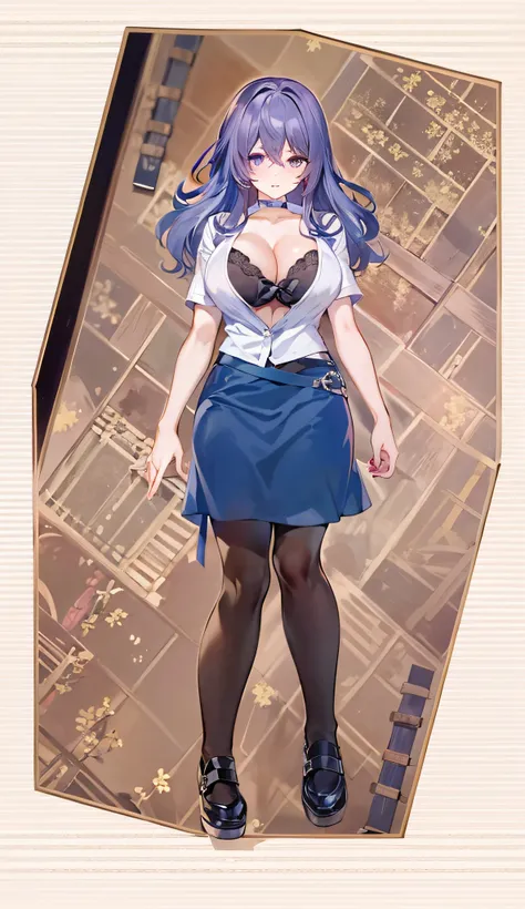 Anime character with purple hair and blue skirt standing in front of a brown background, Misato Katsuragi, anime moe art style, Marin Kitagawa fanart, shalltear from overlord, ecchi anime style, anime girl named lucy, hyuga hyuga, anime woman fullbody art,...