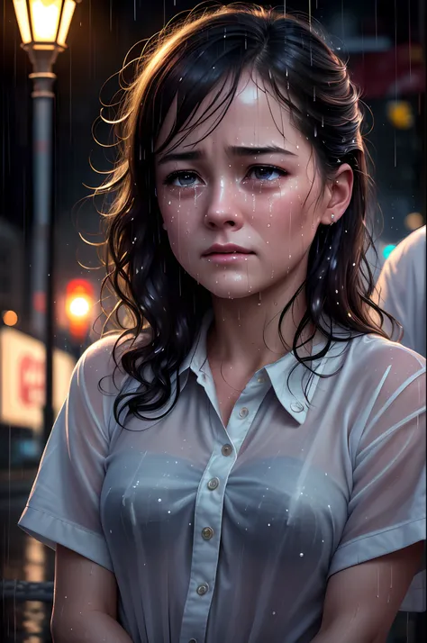 photorealistic, highest quality, highest resolution, super detailed, 16k, movie lighting, rainy night, crying girl, big tears, w...