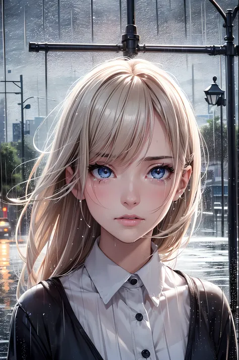 Photorealistic, highest quality, highest resolution, super detailed, 16k, movie lighting, (rainy night:1.4), crying girl, big tears, wet in the rain, wet hair, street lamp light, detailed eyes, Expressions of sadness, tears rolling down cheeks, angles of v...